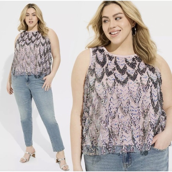 Torrid Sequin Shell Crop Top Gunmetal Size 4NWT Purple Party Shimmer Mermaid - Picture 1 of 7